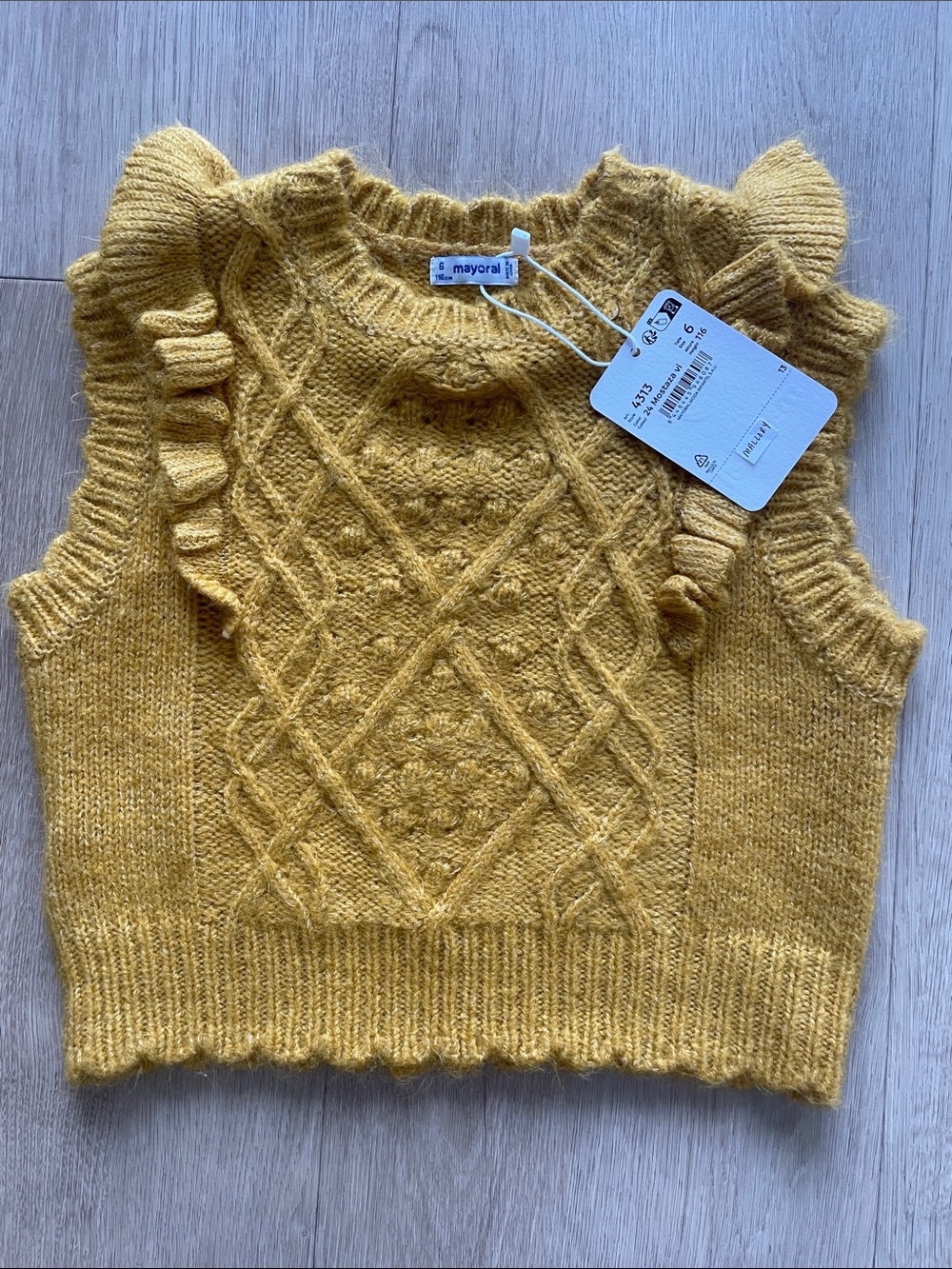 Mayoral Mustard Cable-Knit Ruffle Sweater Vest